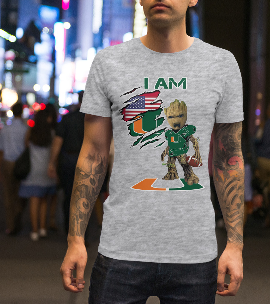 I AM Baby Groot Miami Hurricanes Football USA Flag T-Shirt