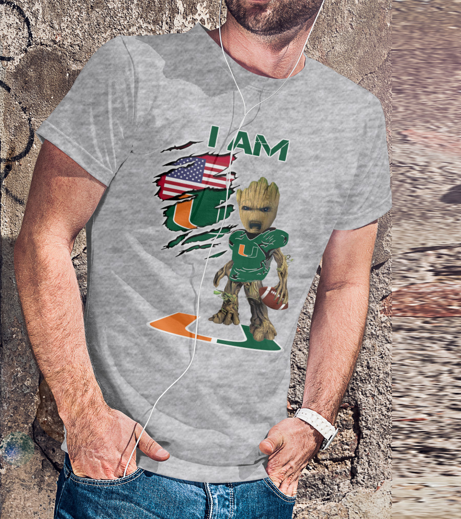 I AM Baby Groot Miami Hurricanes Football USA Flag T-Shirt