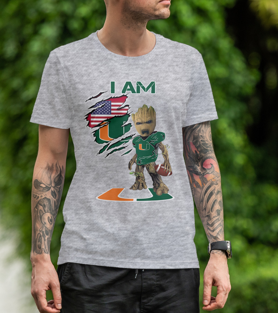 I AM Baby Groot Miami Hurricanes Football USA Flag T-Shirt