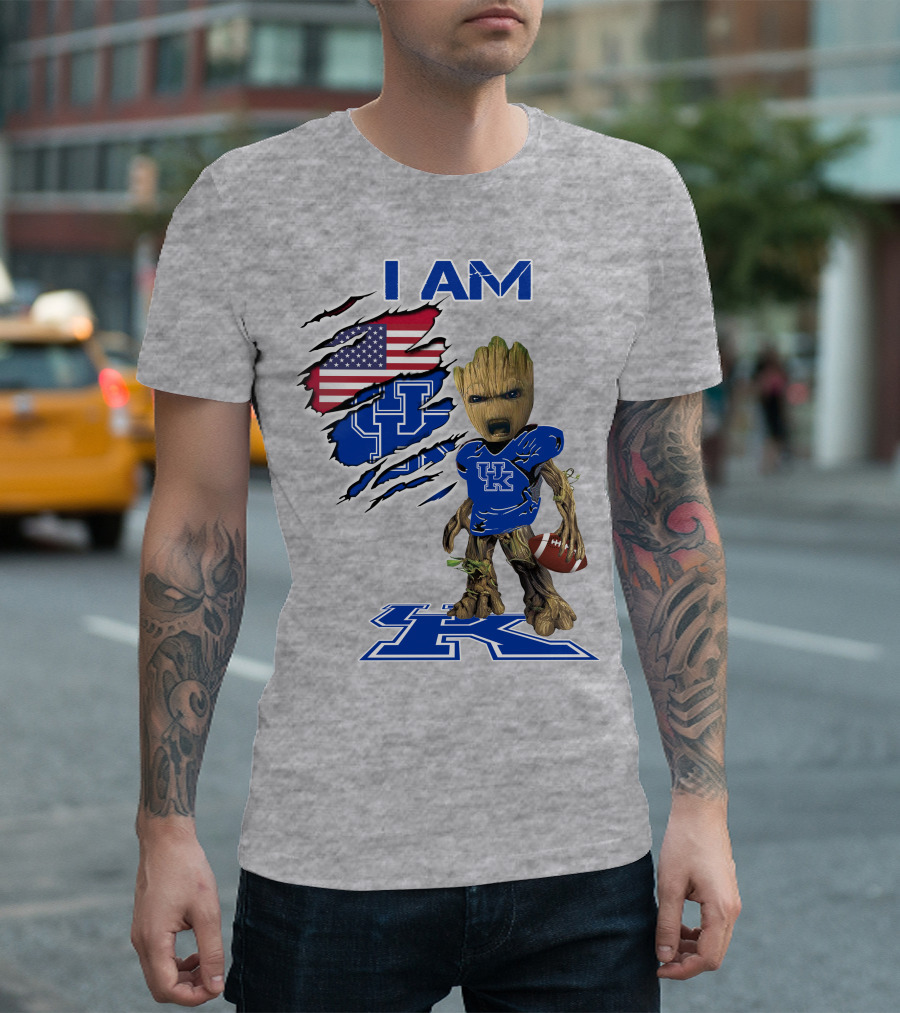 I AM Kentucky Baby Groot Football UK Logo American Flag T-Shirt