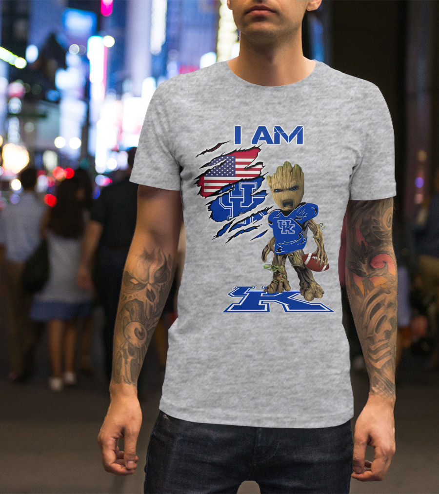 I AM Kentucky Baby Groot Football UK Logo American Flag T-Shirt