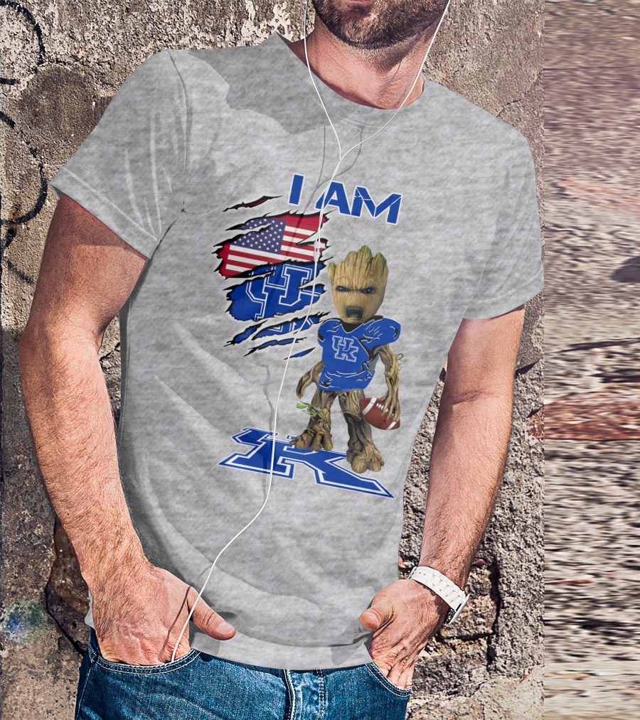 I AM Kentucky Baby Groot Football UK Logo American Flag T-Shirt