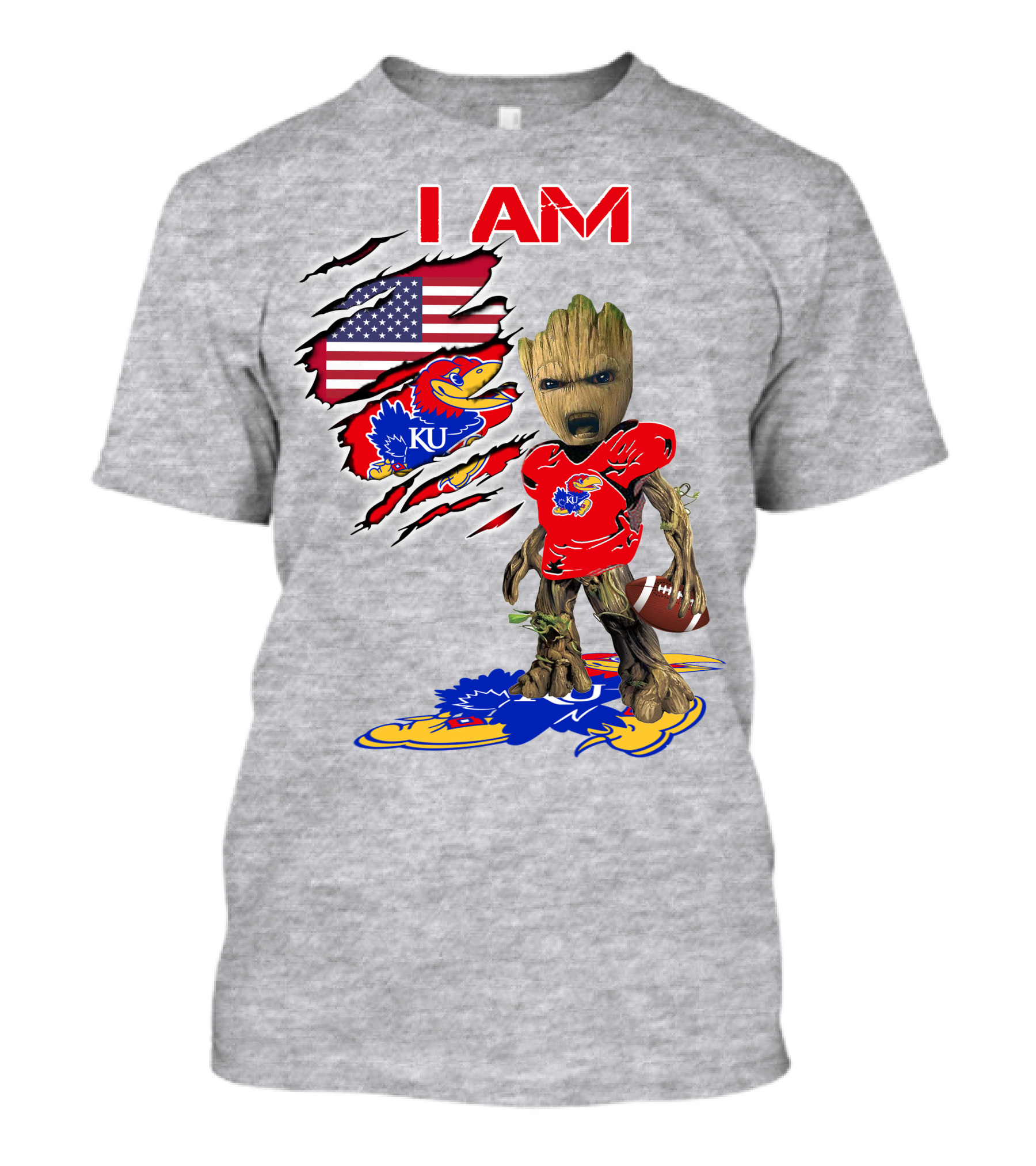 I AM KU Baby Groot Kansas Jayhawks Football Patriotic American Flag T-Shirt