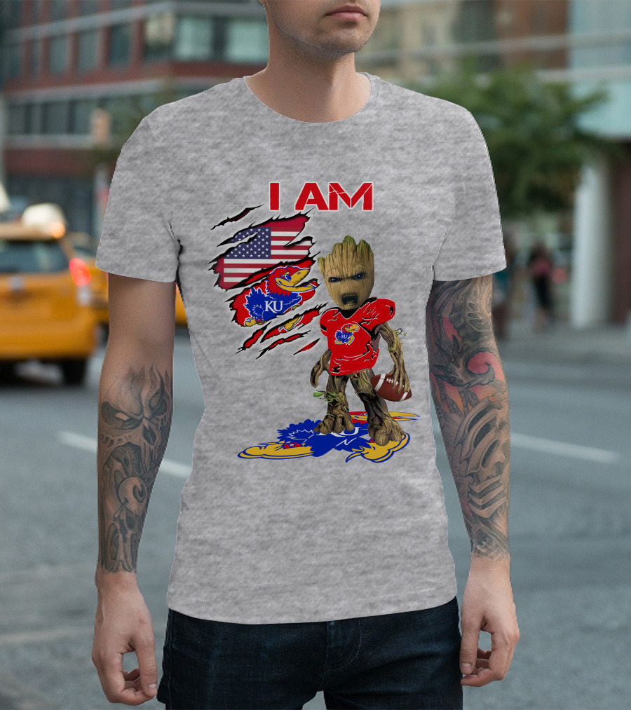 I AM KU Baby Groot Kansas Jayhawks Football Patriotic American Flag T-Shirt