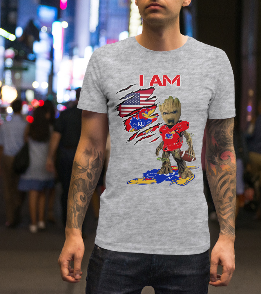 I AM KU Baby Groot Kansas Jayhawks Football Patriotic American Flag T-Shirt