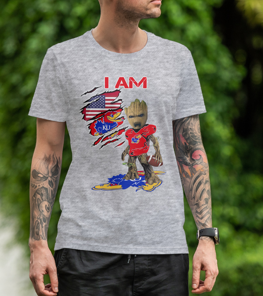 I AM KU Baby Groot Kansas Jayhawks Football Patriotic American Flag T-Shirt
