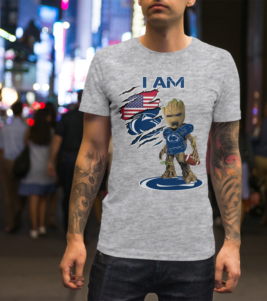 I Am Penn State Baby Groot American Flag Football T-Shirt