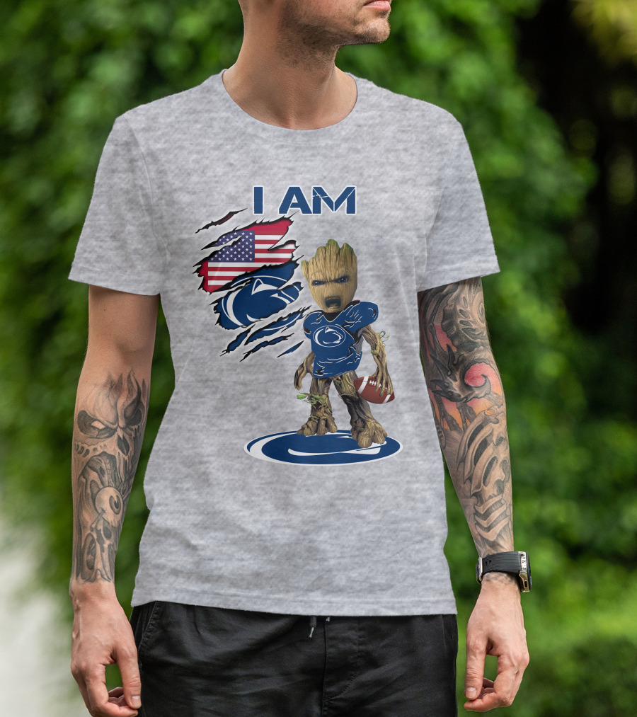 I Am Penn State Baby Groot American Flag Football T-Shirt
