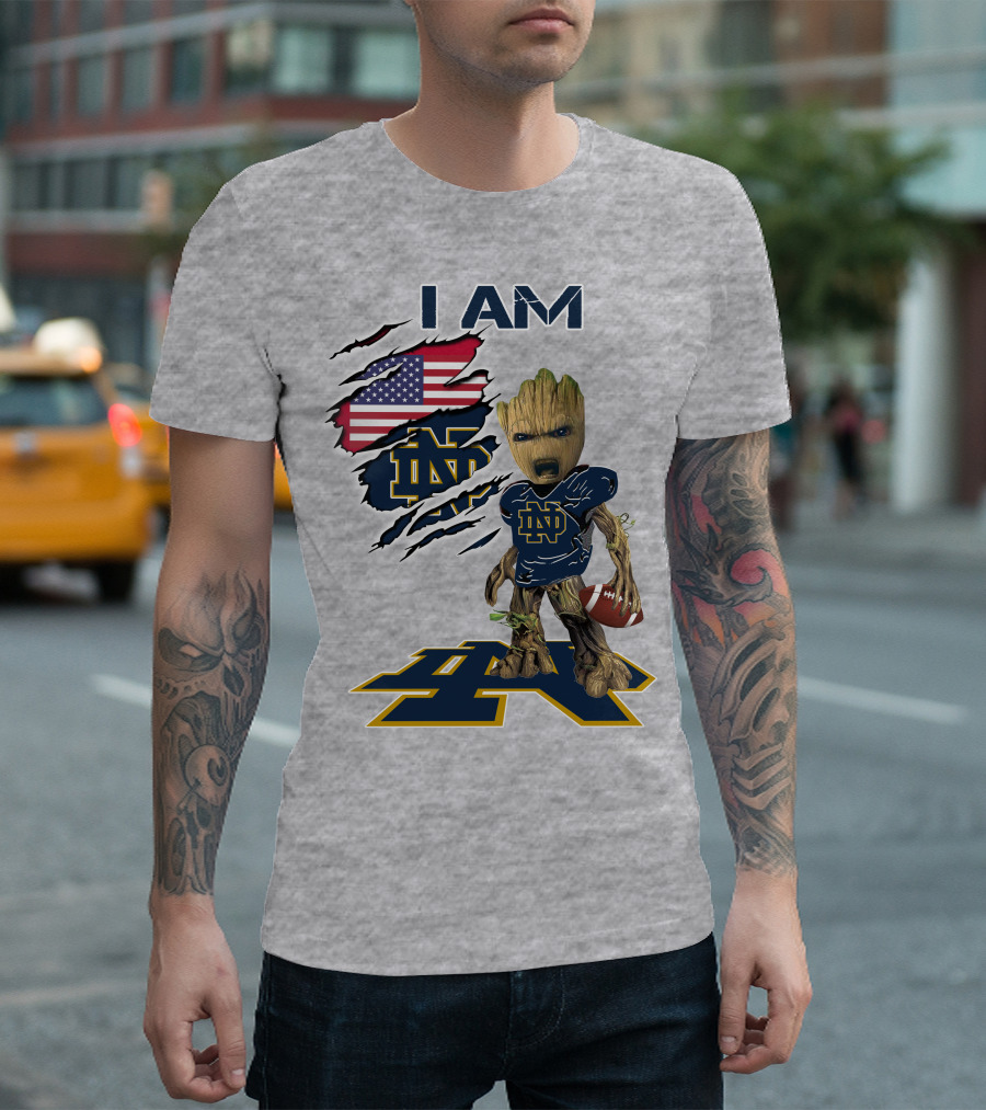 I Am Notre Dame Baby Groot American Flag Football T-Shirt