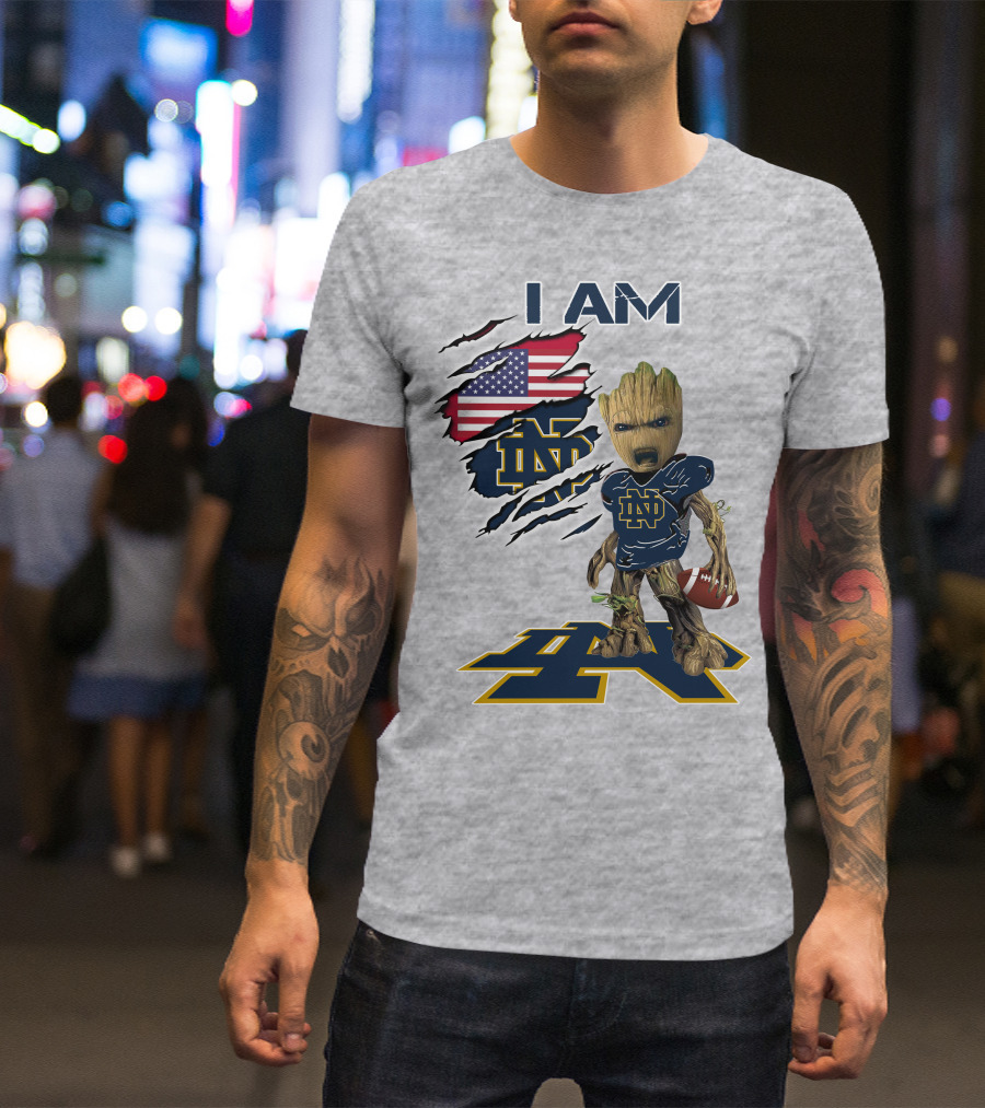 I Am Notre Dame Baby Groot American Flag Football T-Shirt