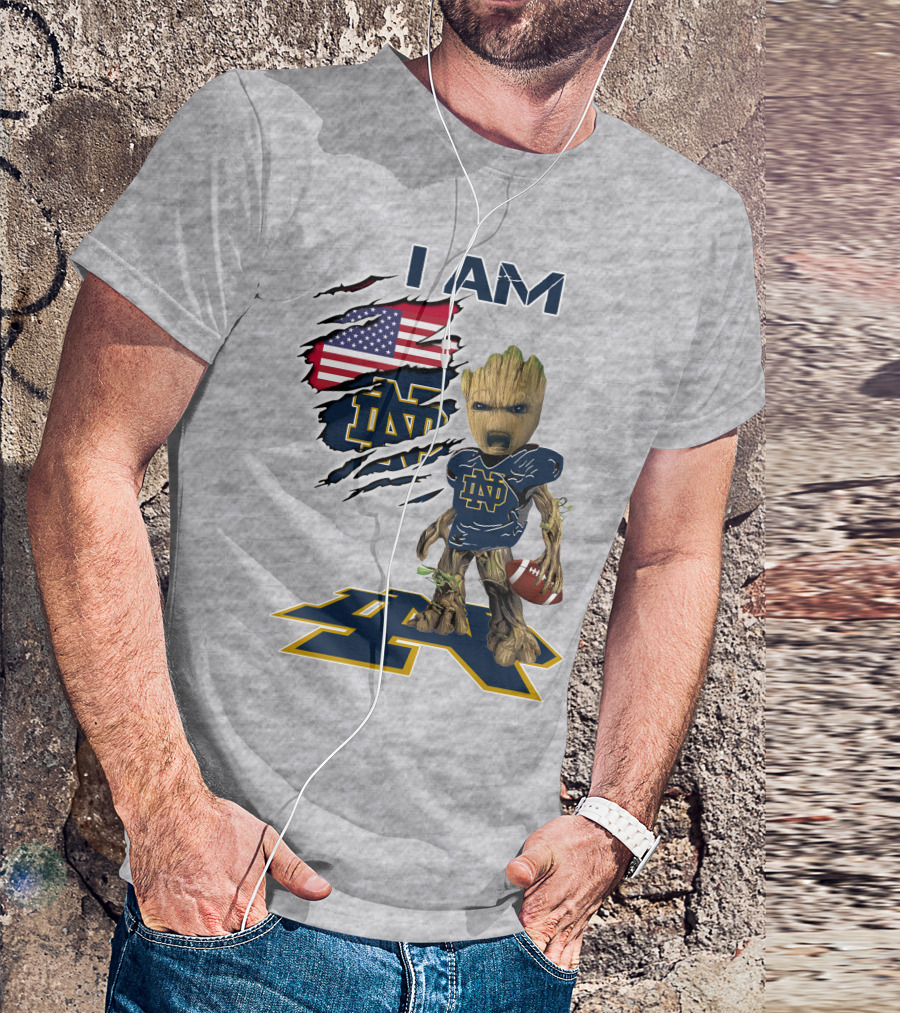 I Am Notre Dame Baby Groot American Flag Football T-Shirt