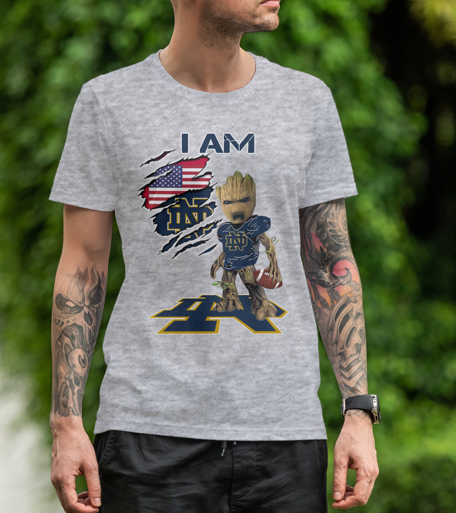 I Am Notre Dame Baby Groot American Flag Football T-Shirt
