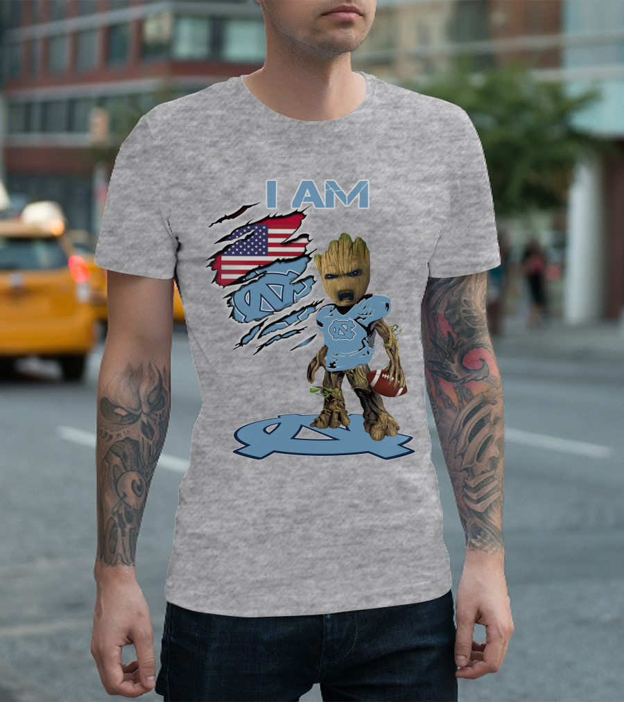 I AM Tarheel Baby Groot UNC Football USA Flag T-Shirt