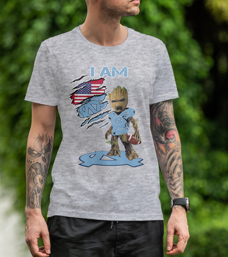 I AM Tarheel Baby Groot UNC Football USA Flag T-Shirt