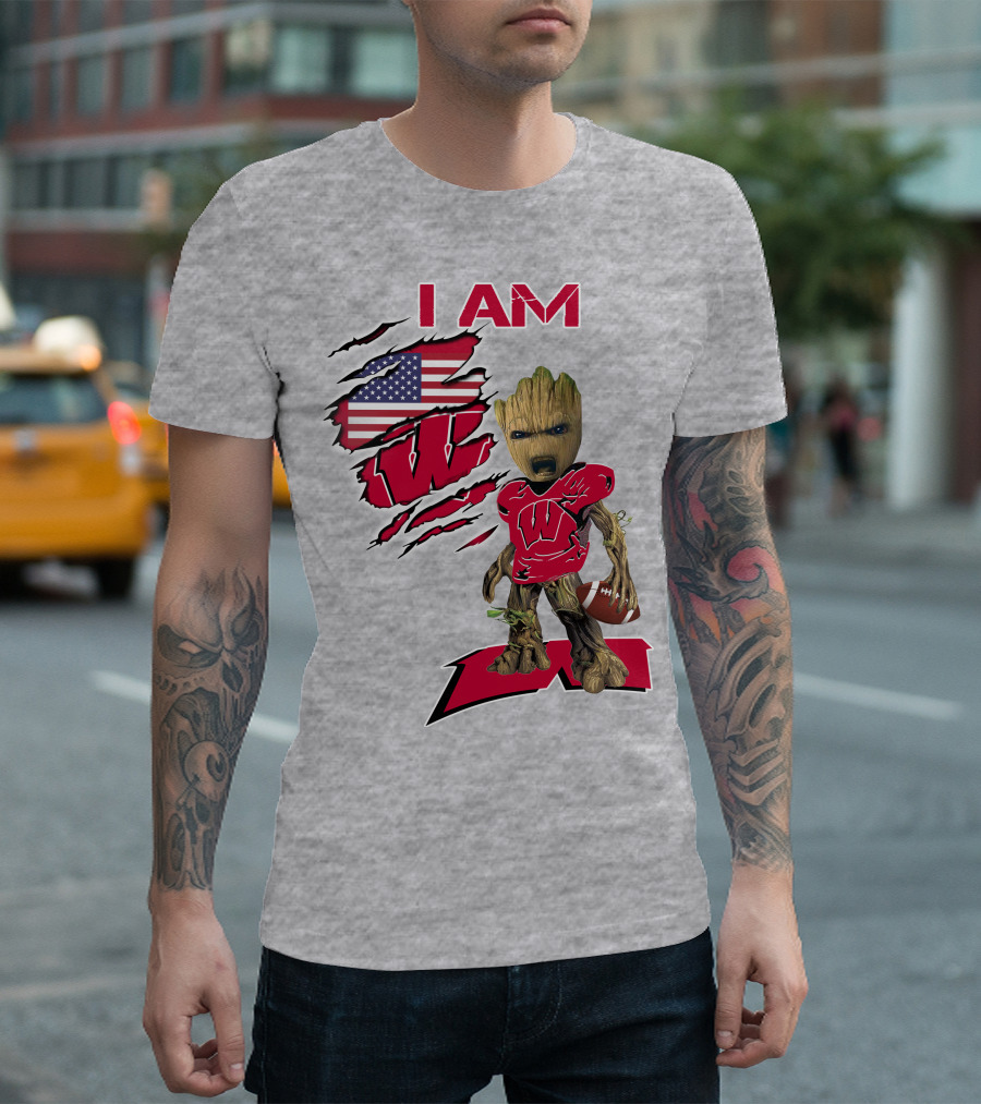 I Am Wisconsin Baby Groot Football W Logo American Flag T-Shirt