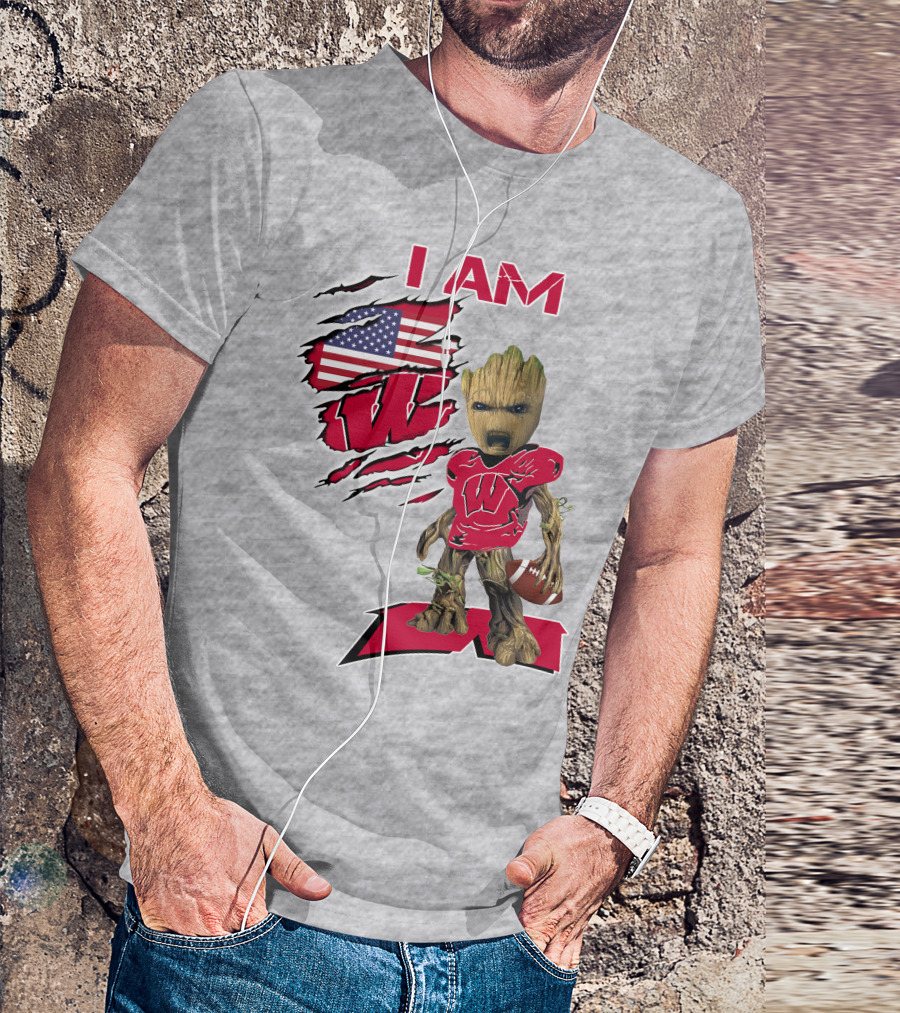 I Am Wisconsin Baby Groot Football W Logo American Flag T-Shirt