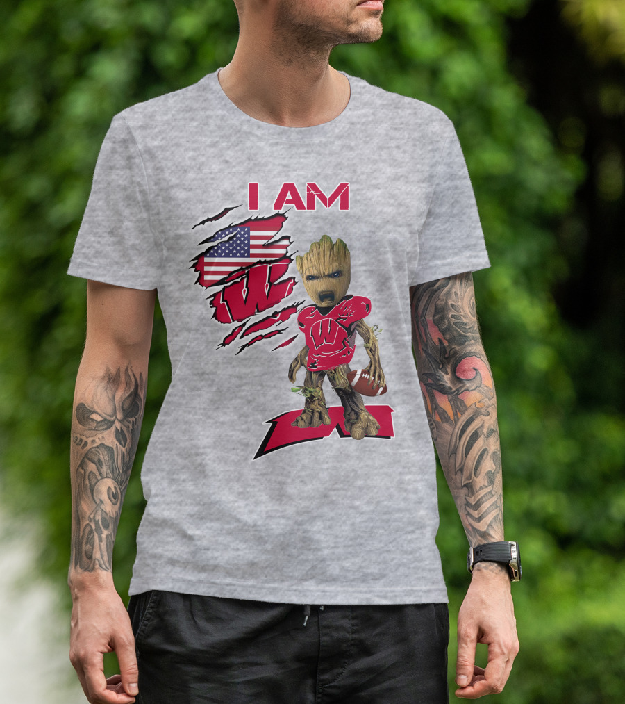 I Am Wisconsin Baby Groot Football W Logo American Flag T-Shirt