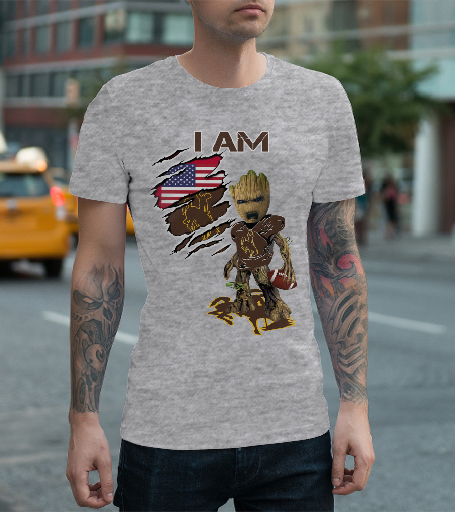 I AM Wyoming Baby Groot Football American Flag Cowboy T-Shirt