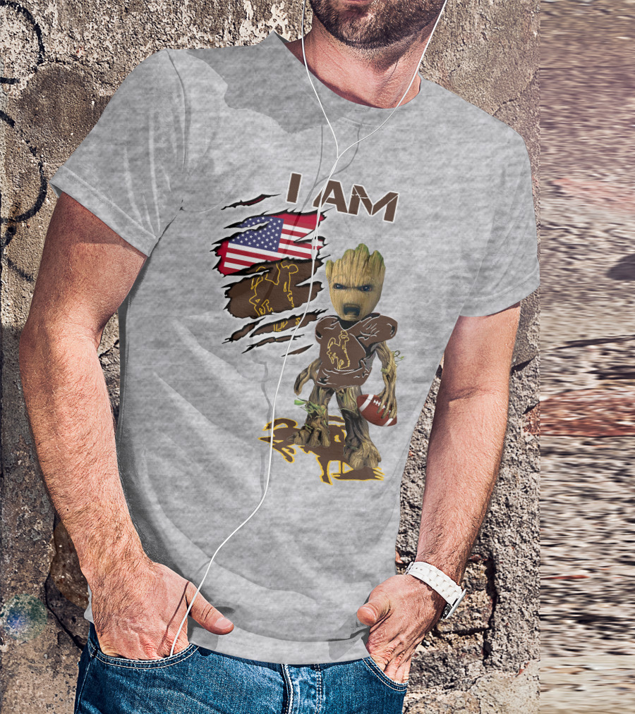 I AM Wyoming Baby Groot Football American Flag Cowboy T-Shirt