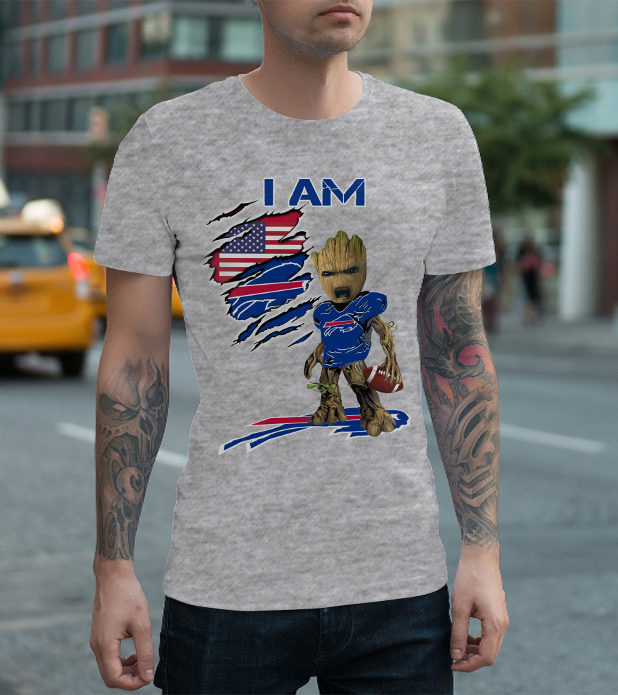 I Am American Flag Football Groot Bills T-Shirt
