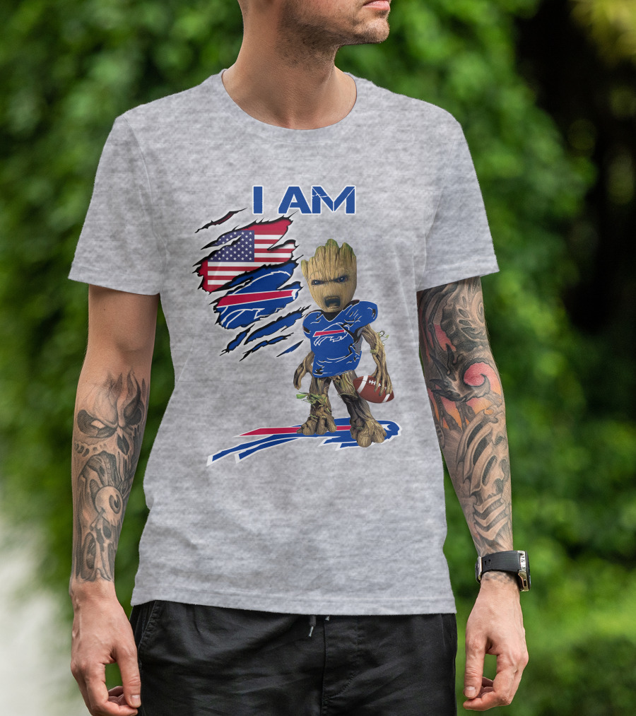 I Am American Flag Football Groot Bills T-Shirt