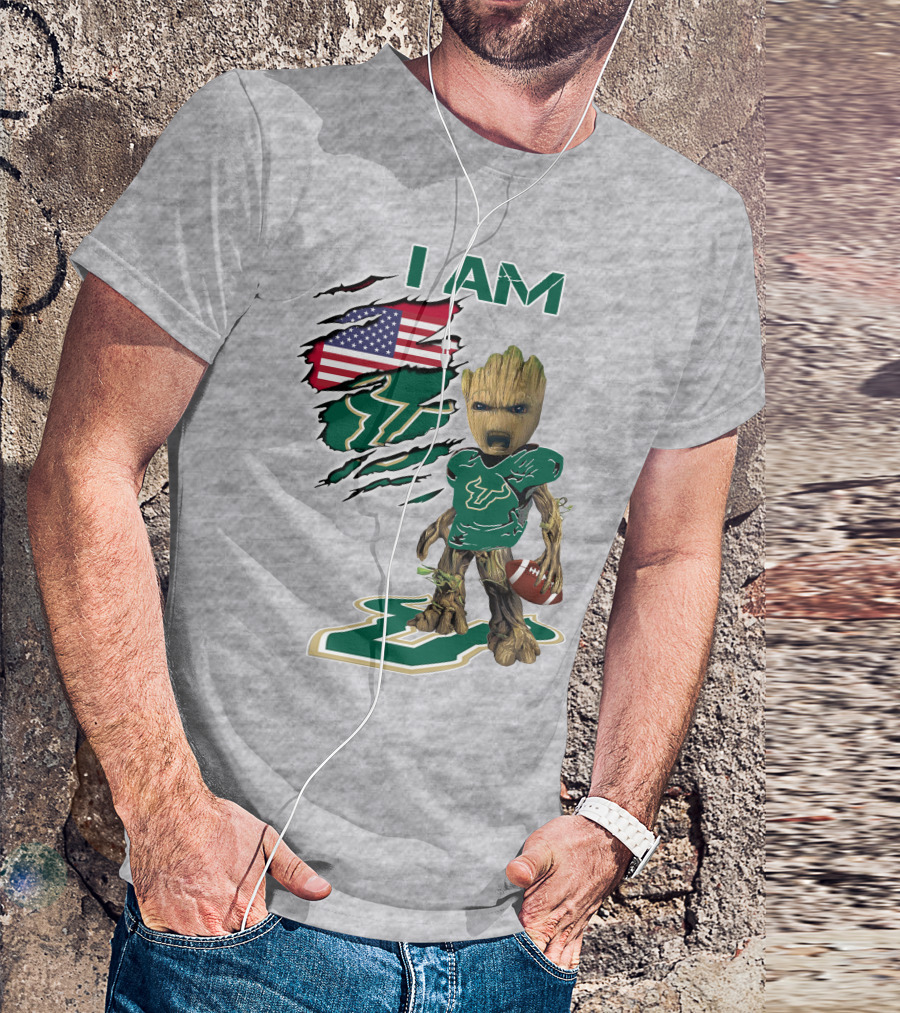 I AM USF Baby Groot Football American Flag T-Shirt