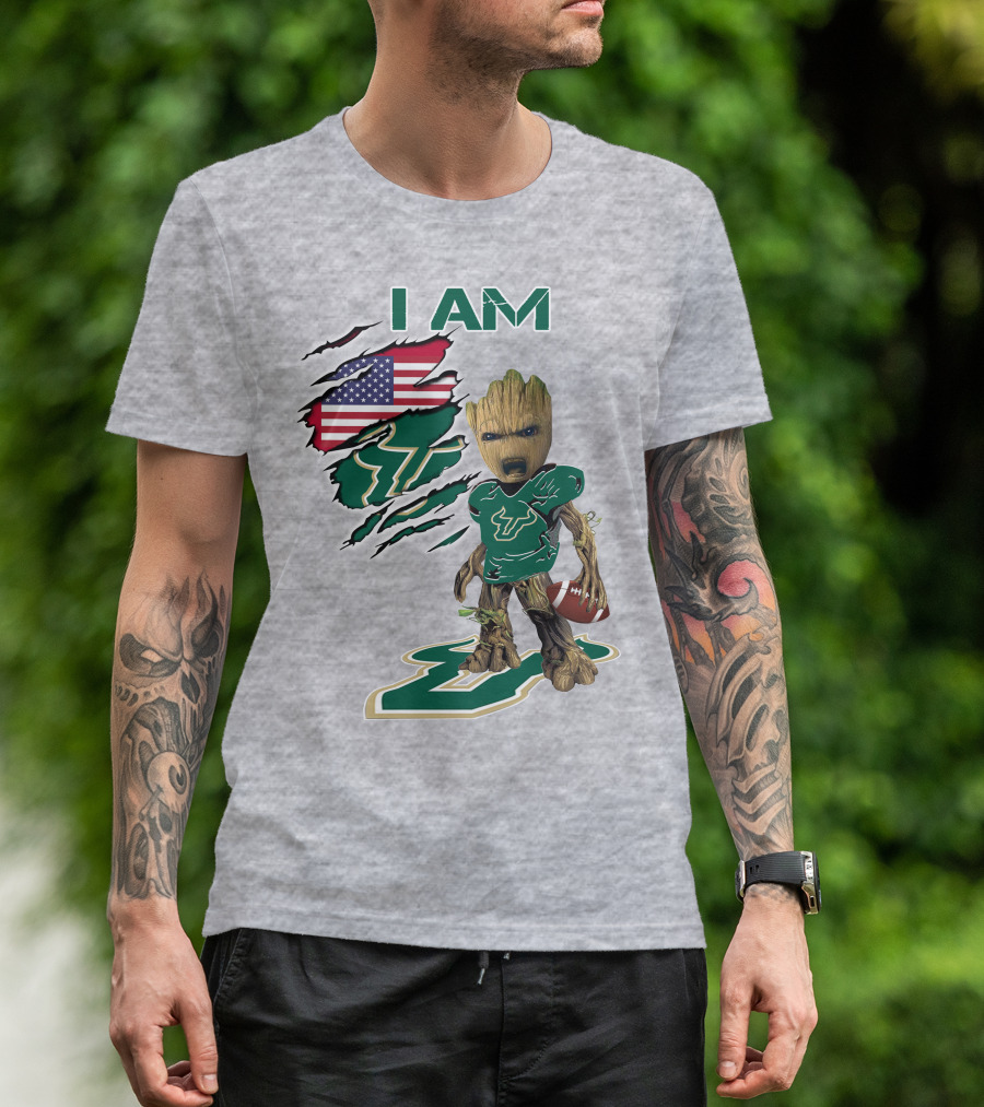 I AM USF Baby Groot Football American Flag T-Shirt