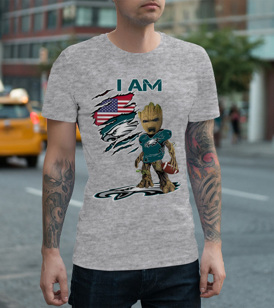 I Am Eagles Baby Groot Football American Flag T-Shirt