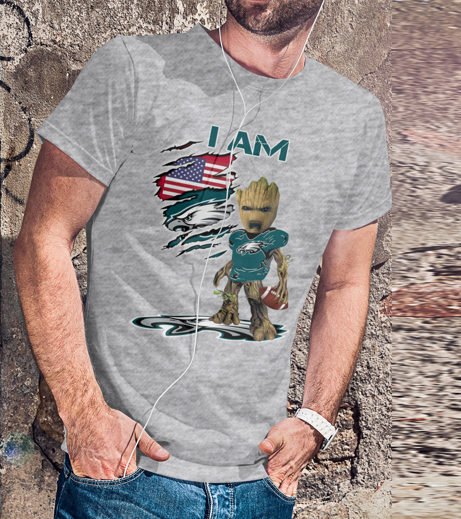 I Am Eagles Baby Groot Football American Flag T-Shirt