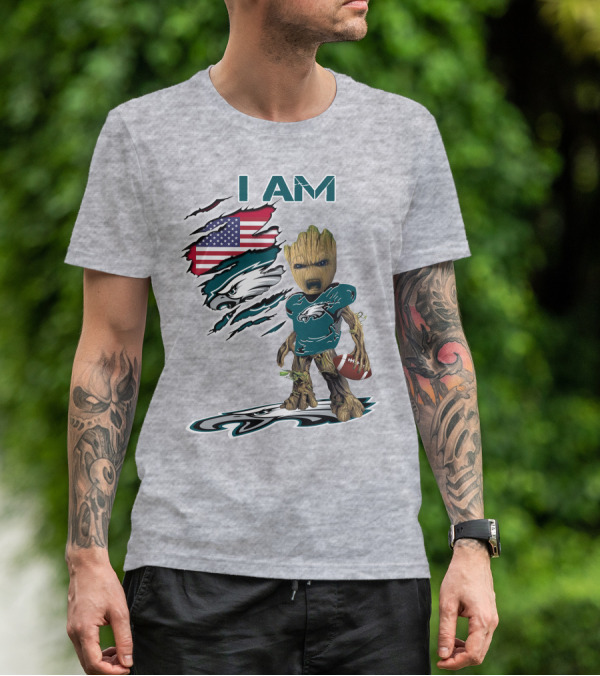 I Am Eagles Baby Groot Football American Flag T-Shirt
