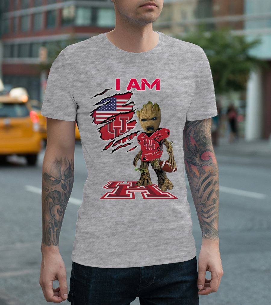 I AM Houtons Baby Groot UH Football American Flag Background T-Shirt