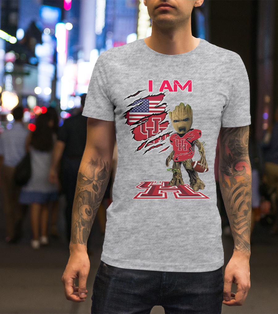 I AM Houtons Baby Groot UH Football American Flag Background T-Shirt