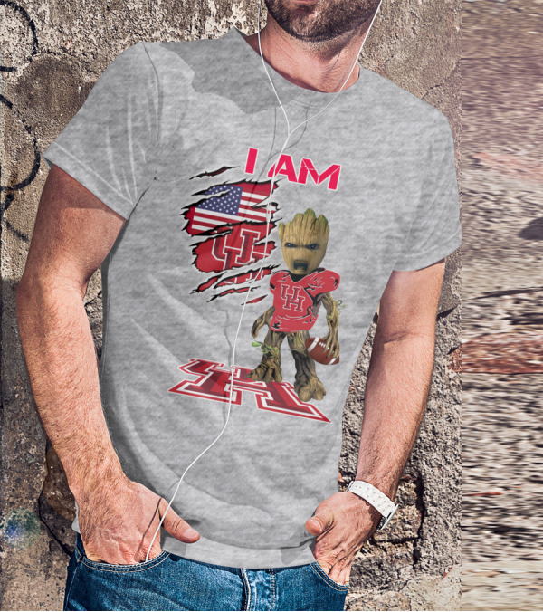 I AM Houtons Baby Groot UH Football American Flag Background T-Shirt