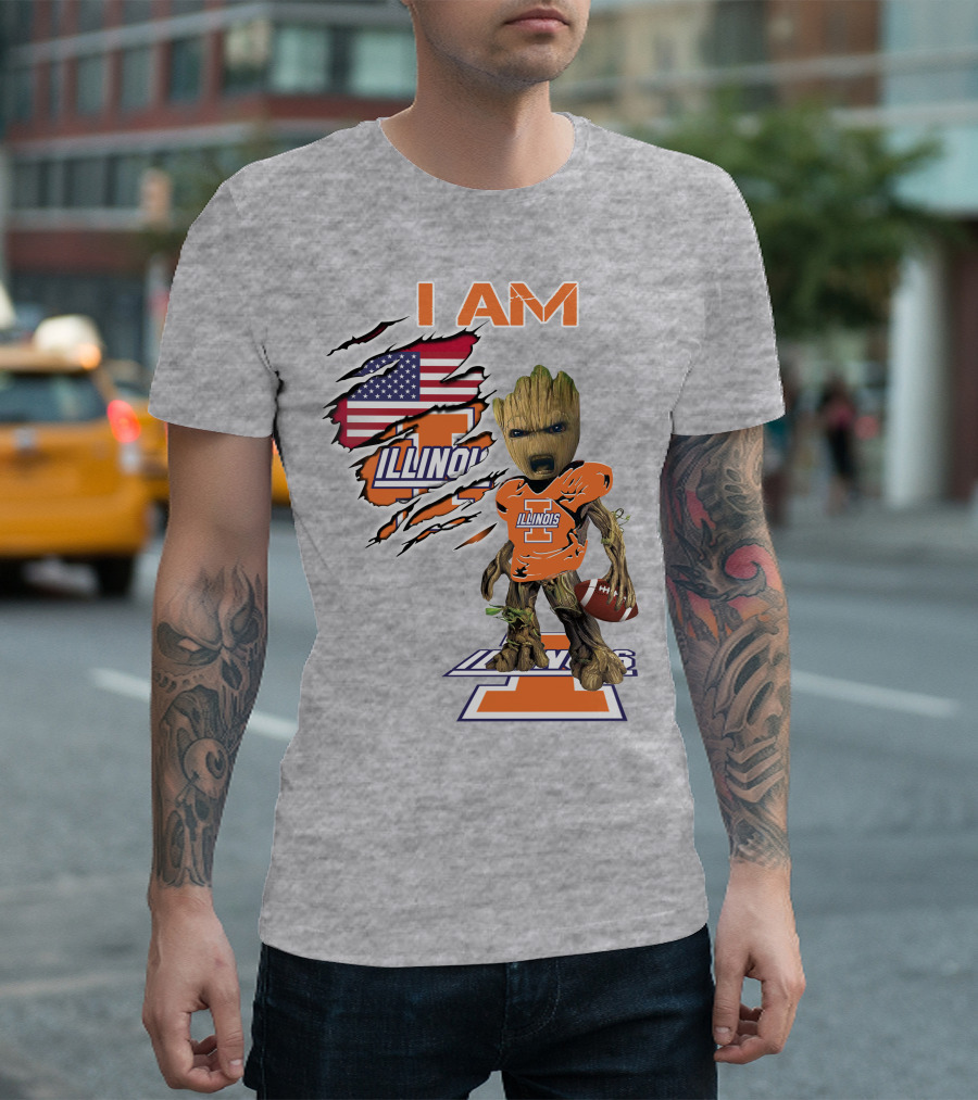 I AM Illinois Baby Groot Football American Flag T-Shirt
