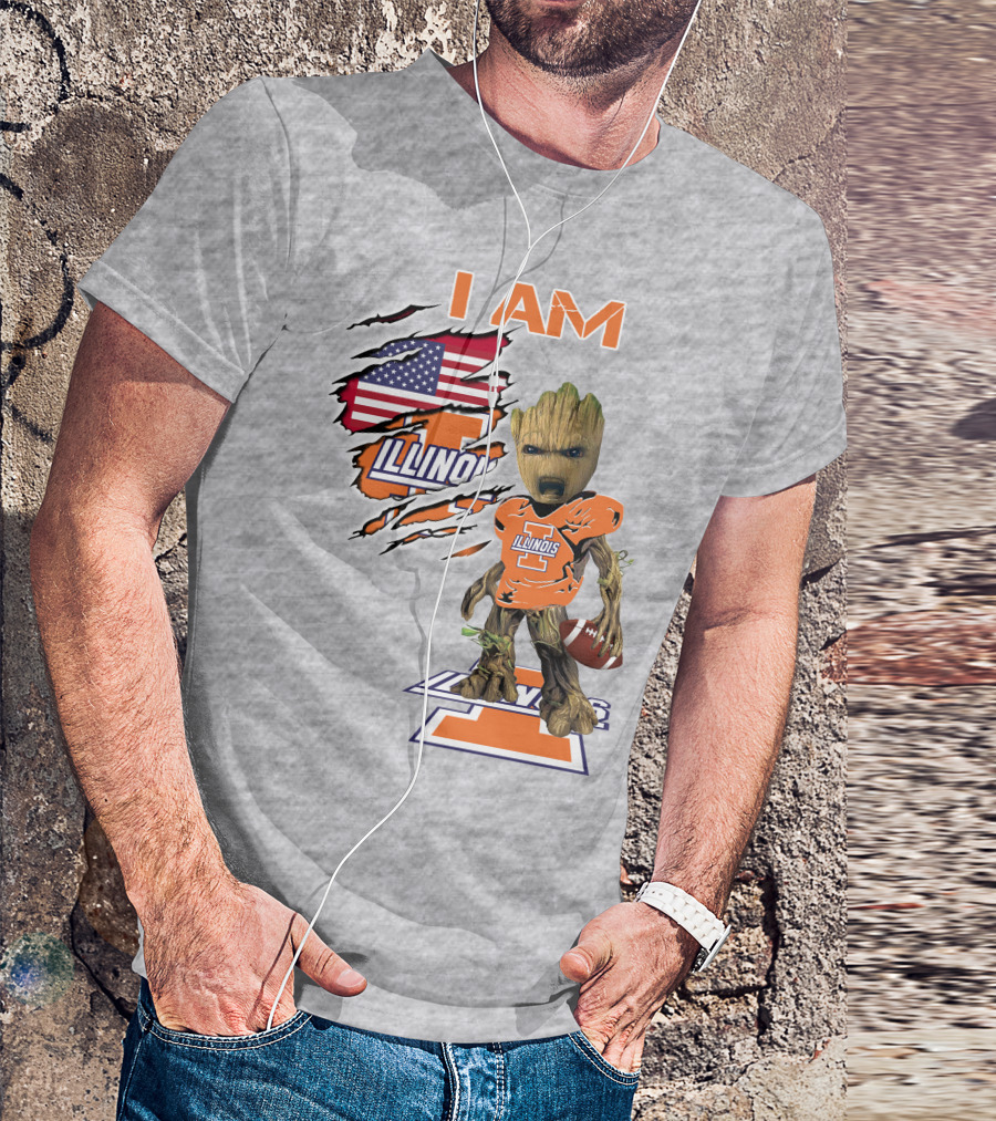 I AM Illinois Baby Groot Football American Flag T-Shirt