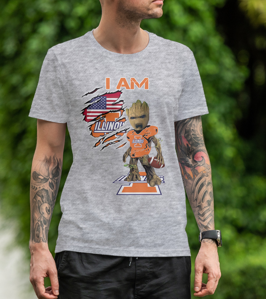 I AM Illinois Baby Groot Football American Flag T-Shirt