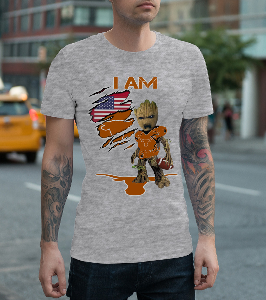 I AM Longhorn Baby Groot Football USA Flag T-Shirt