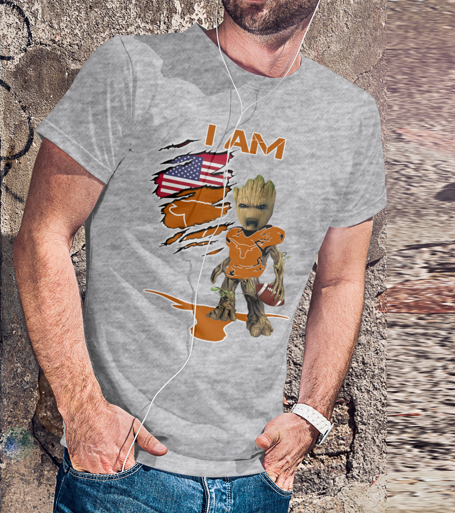I AM Longhorn Baby Groot Football USA Flag T-Shirt