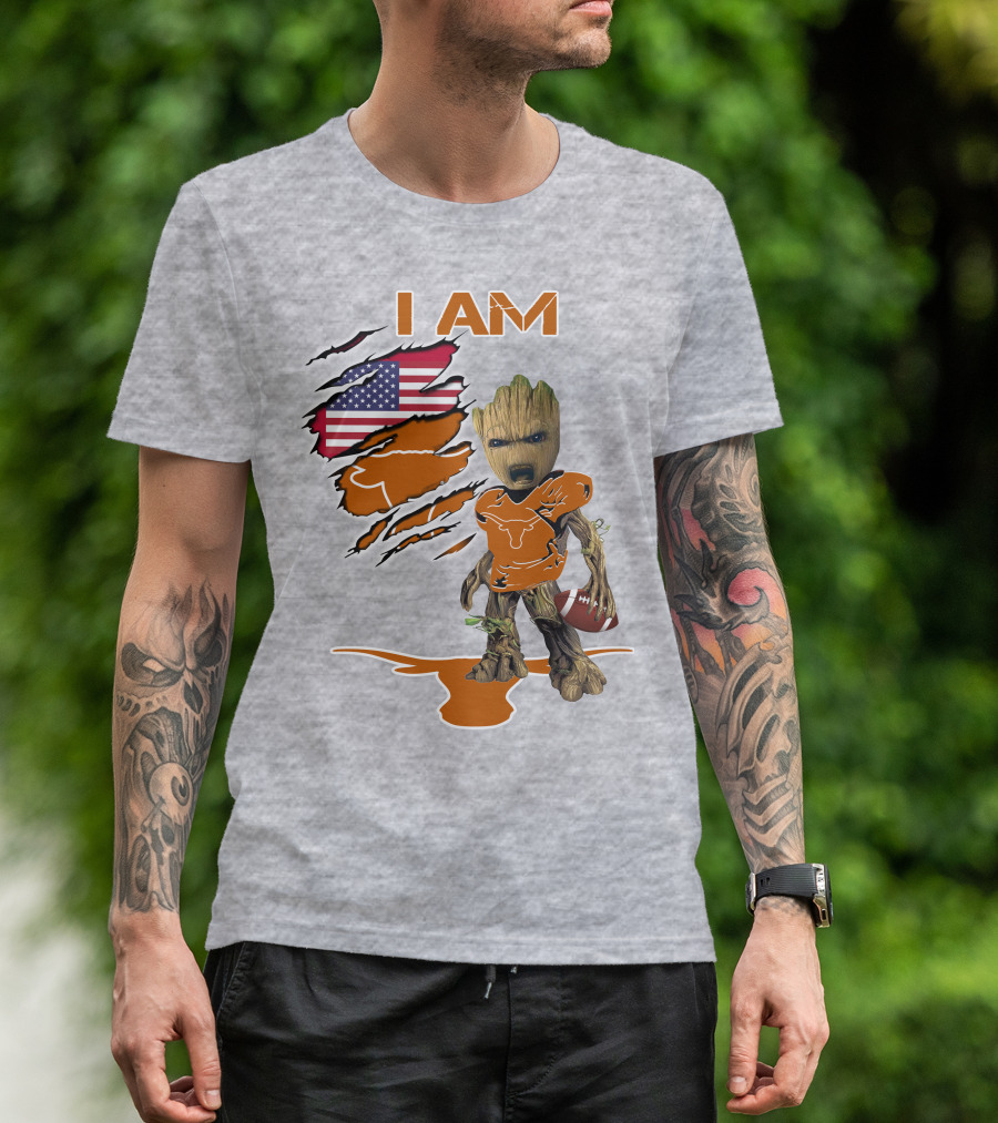 I AM Longhorn Baby Groot Football USA Flag T-Shirt