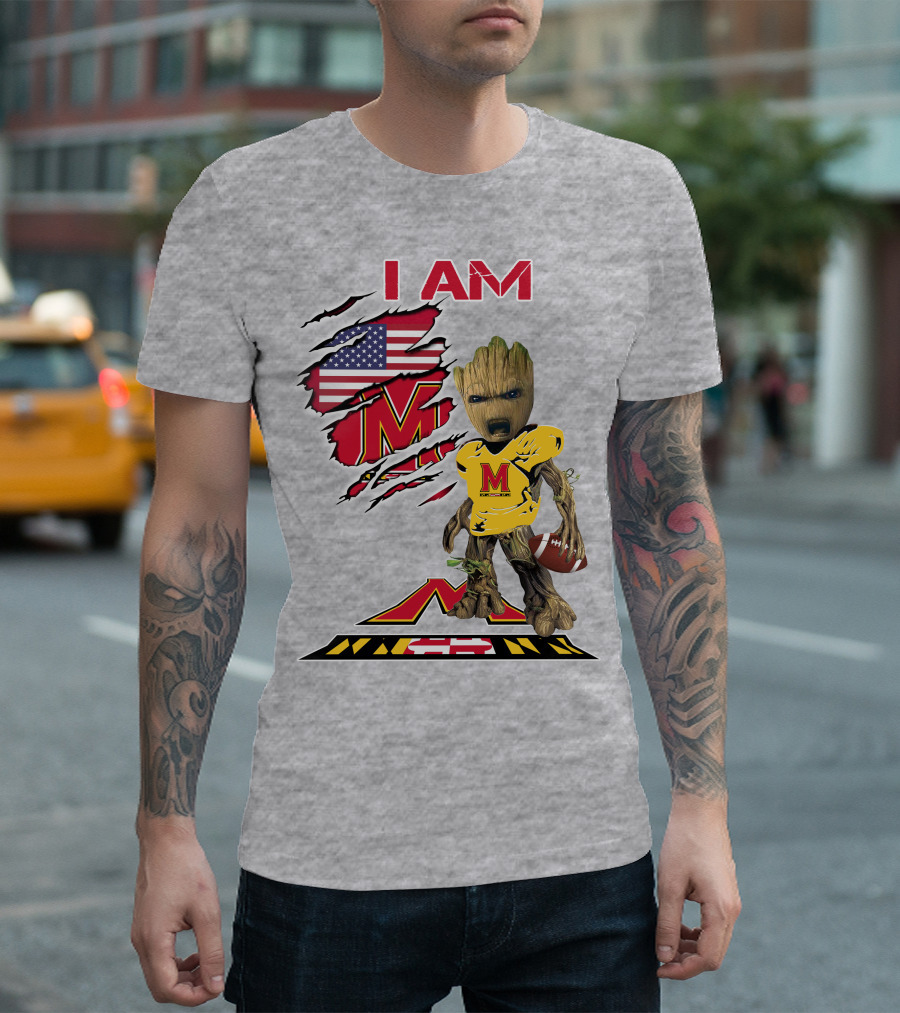 I AM Baby Groot Maryland Football American Flag M T-Shirt