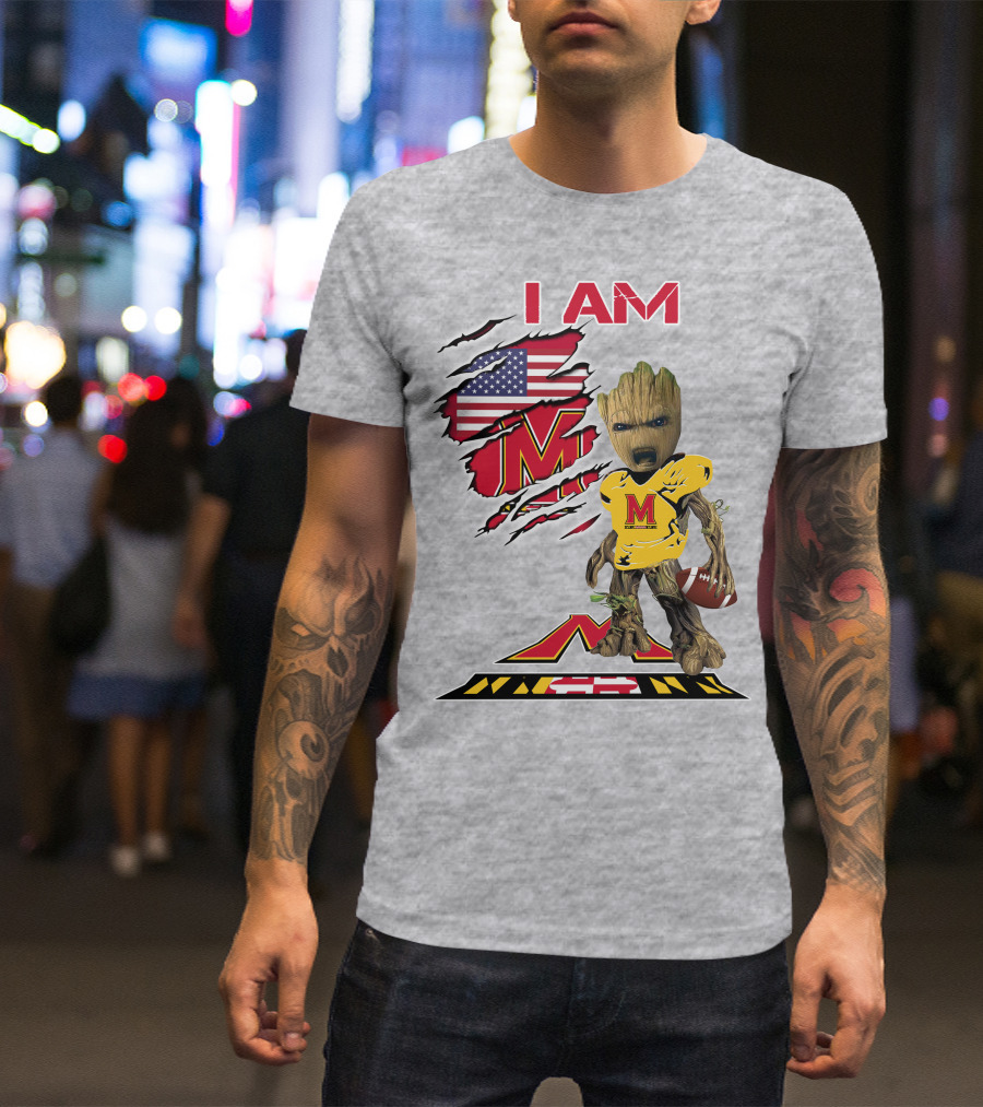 I AM Baby Groot Maryland Football American Flag M T-Shirt