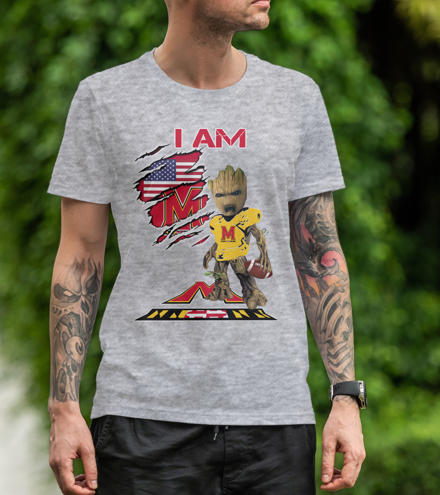 I AM Baby Groot Maryland Football American Flag M T-Shirt