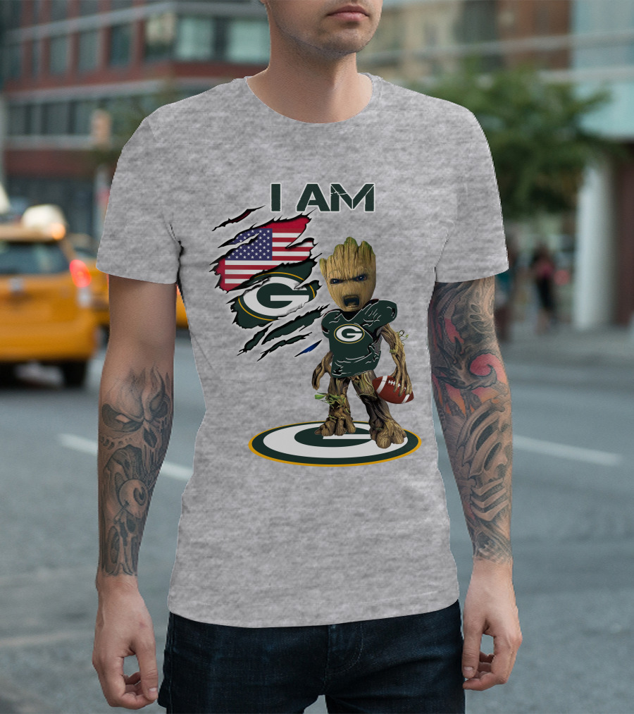 I Am Packers Baby Groot American Flag Football T-Shirt