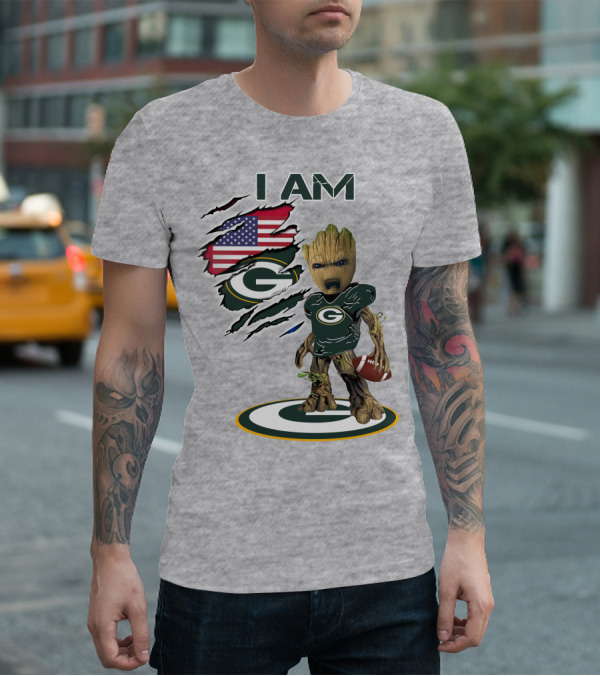 I Am Packers Baby Groot American Flag Football T-Shirt