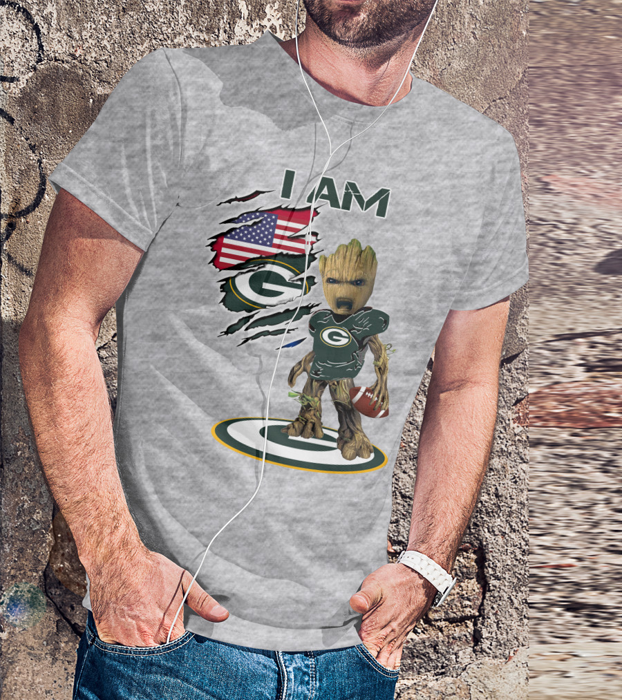 I Am Packers Baby Groot American Flag Football T-Shirt