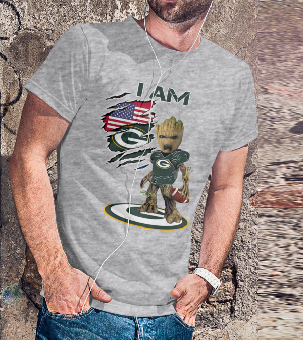 I Am Packers Baby Groot American Flag Football T-Shirt
