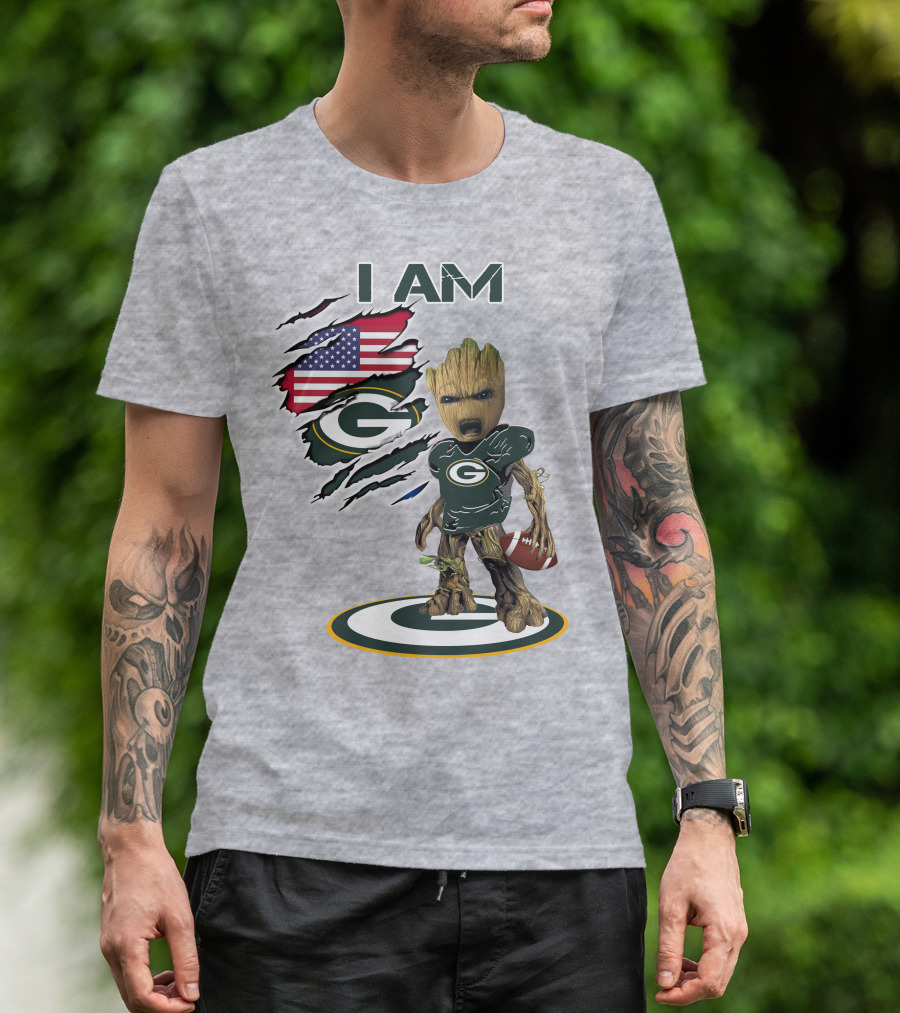 I Am Packers Baby Groot American Flag Football T-Shirt