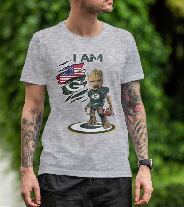 I Am Packers Baby Groot American Flag Football T-Shirt