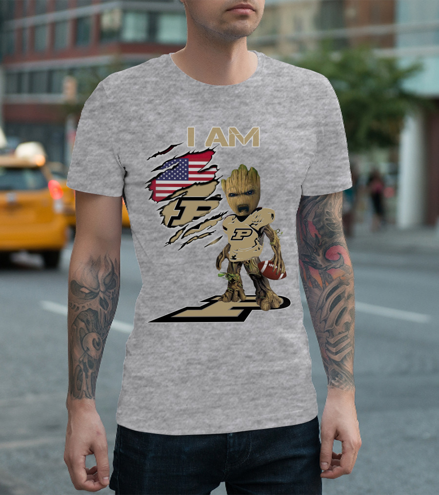 I AM Purdue Baby Groot Football American Flag P T-Shirt