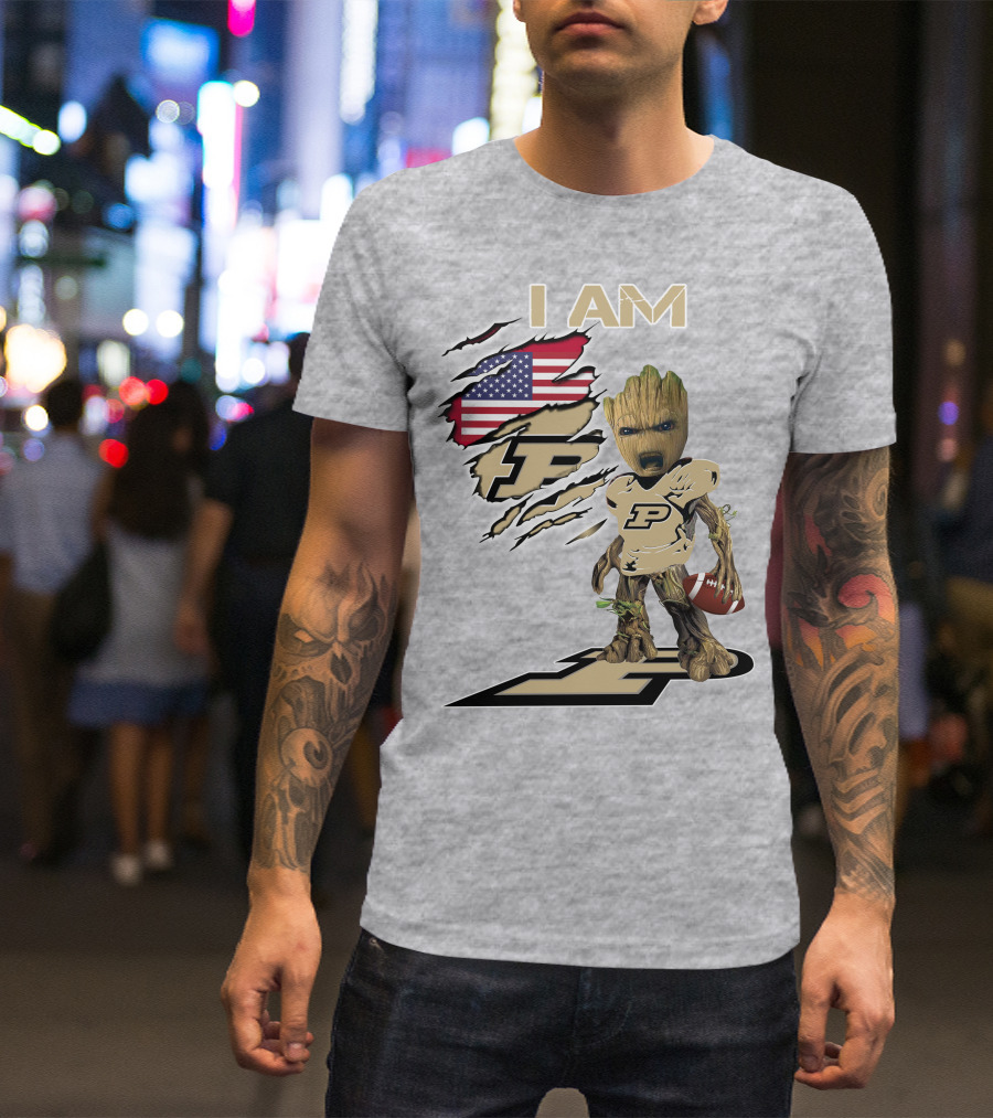 I AM Purdue Baby Groot Football American Flag P T-Shirt